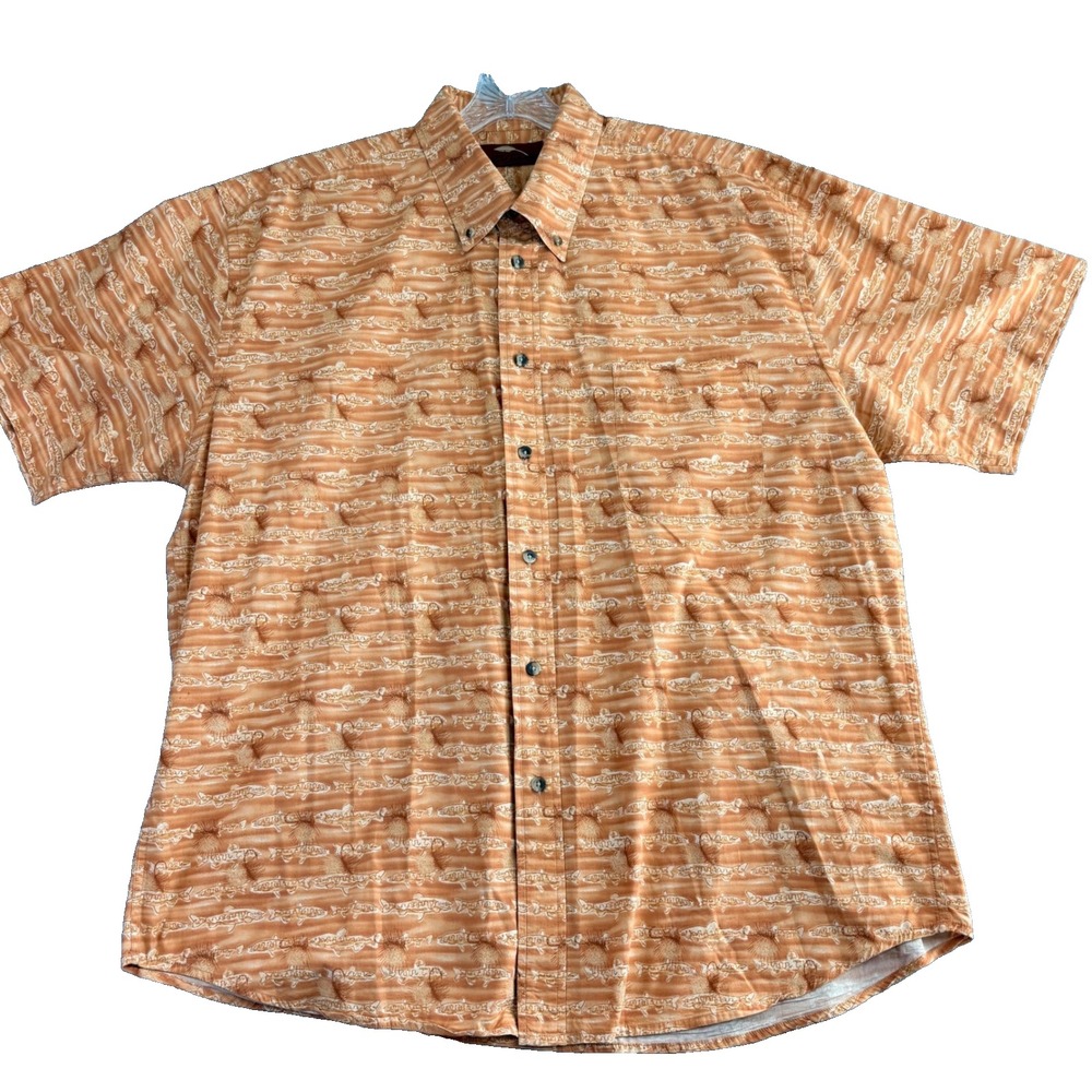 Bob Timberlake Mens XL Orange Fish Print‎ Short Sleeve Button Up Shirt Outdoors